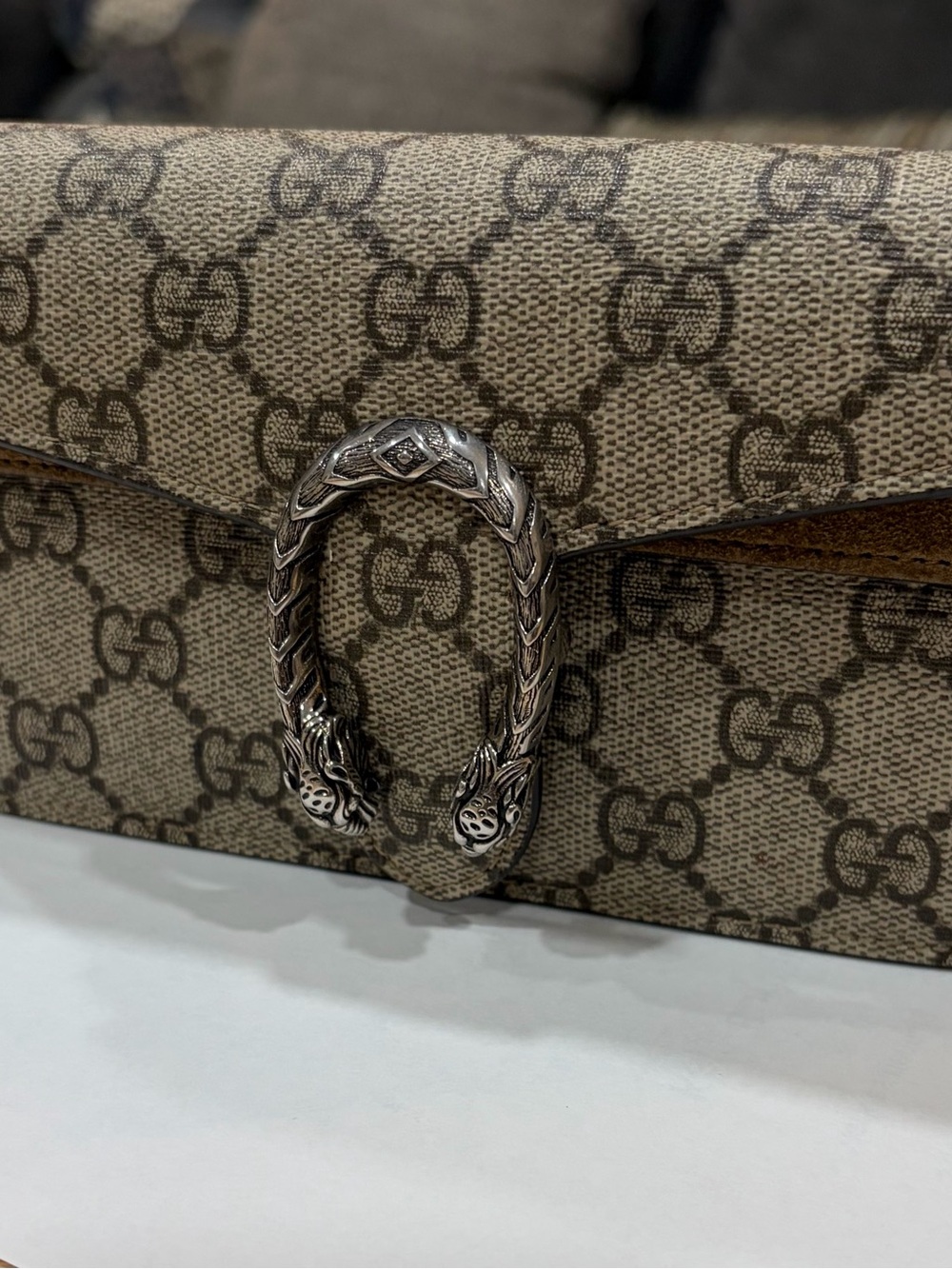 Gucci Beige GG Supreme Super Mini Dionysus With Taupe Suede Detailng